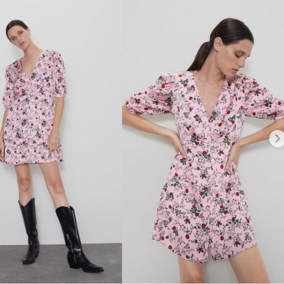 Zara Satin Effect Rose Floral Button Front Short Sleeve Dress Pink Size Medium - Picture 1 of 9